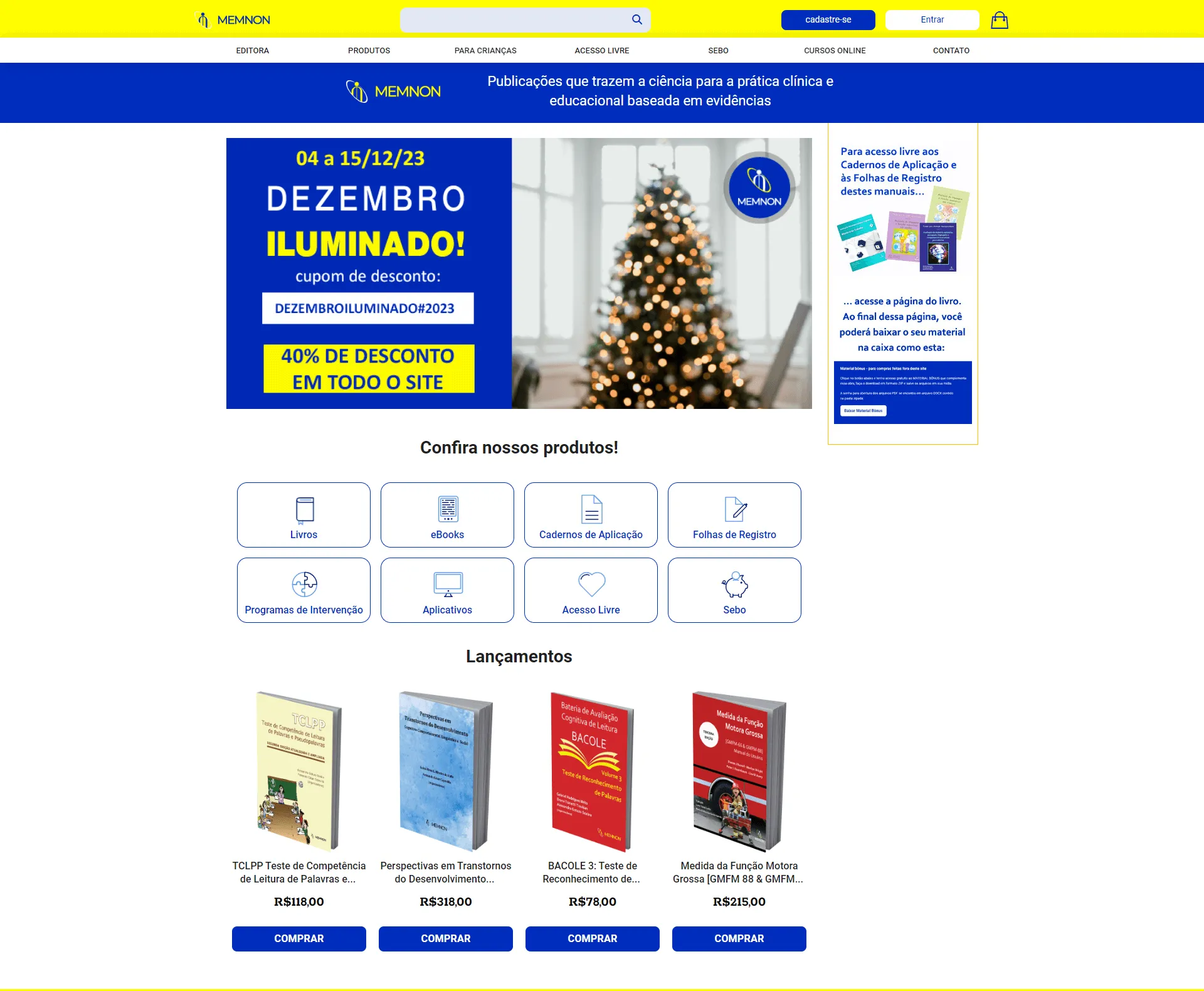 Memnon Edições Científicas Ecommerce personalizado para venda de cursos online, livros impressos e digitais.